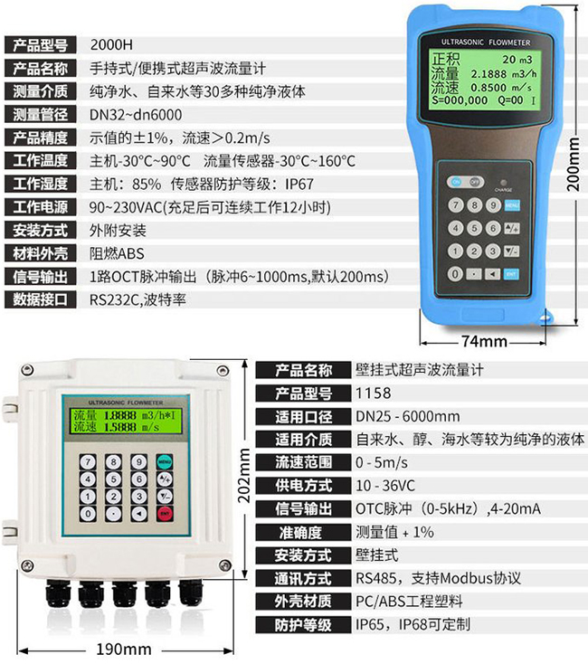 夹装式超声波流量计技术参数对照表